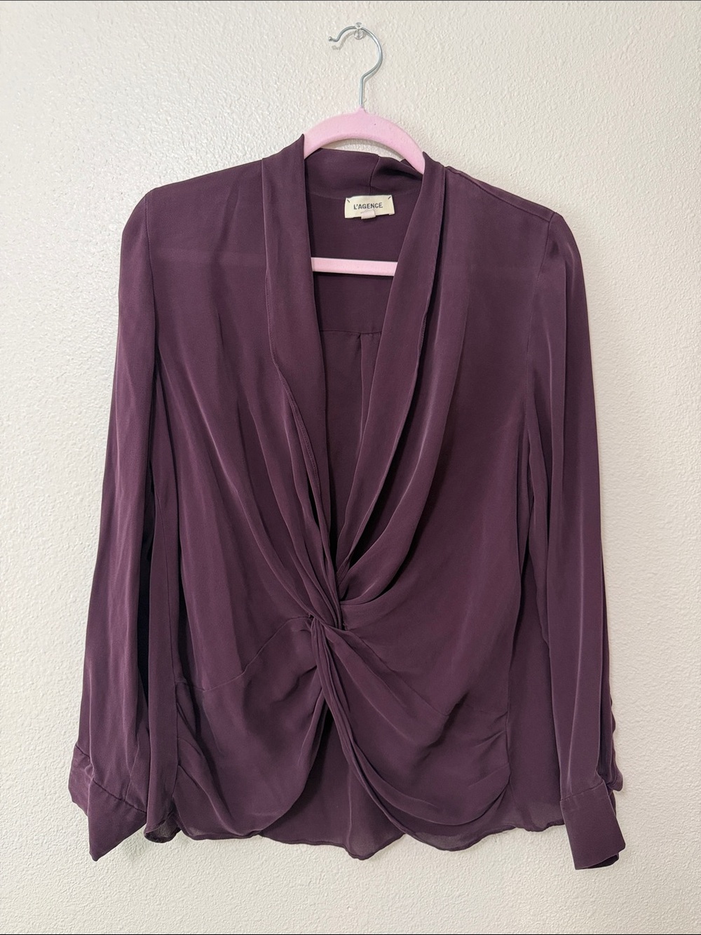 L'AGENCE Plum Draped Twist-Front Silk Blouse